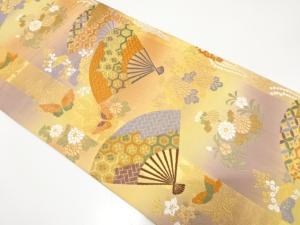 扇に蝶・花・古典柄織り出し　振袖用袋帯